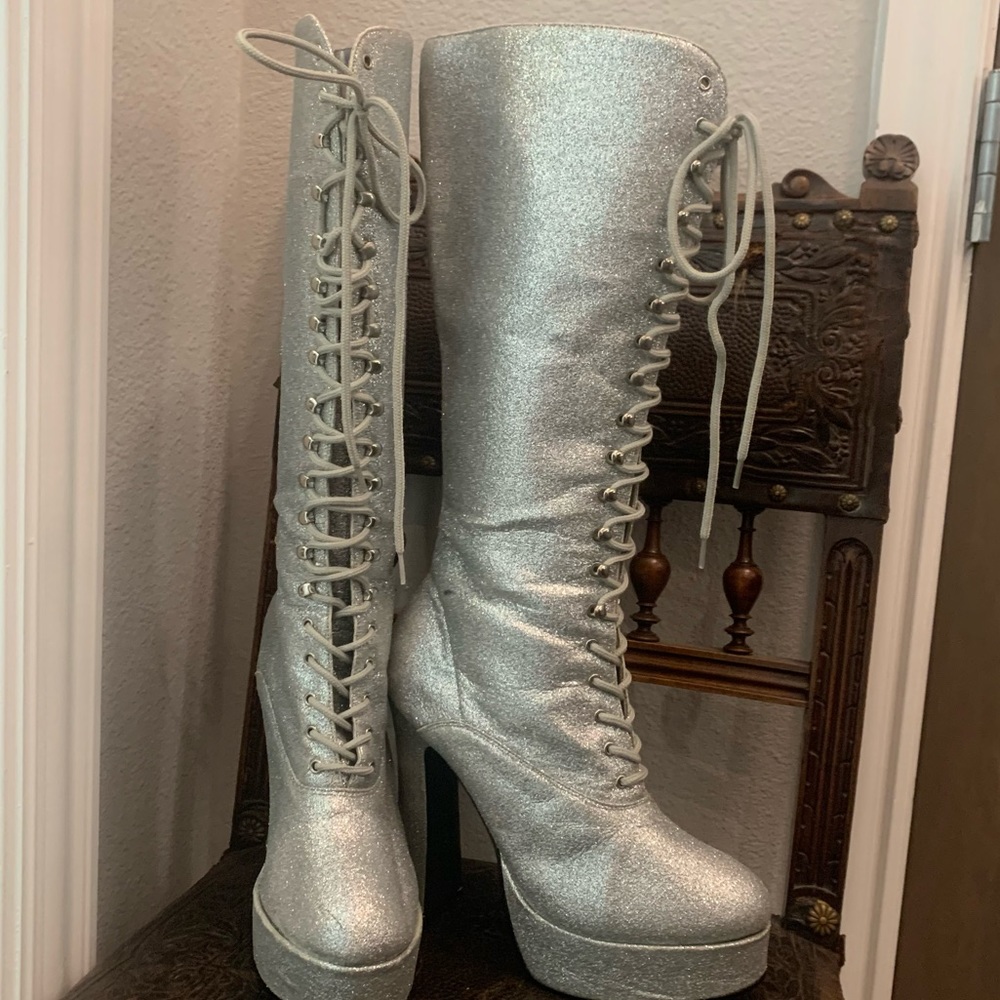 Glitter platform lace up boots. Sz 8